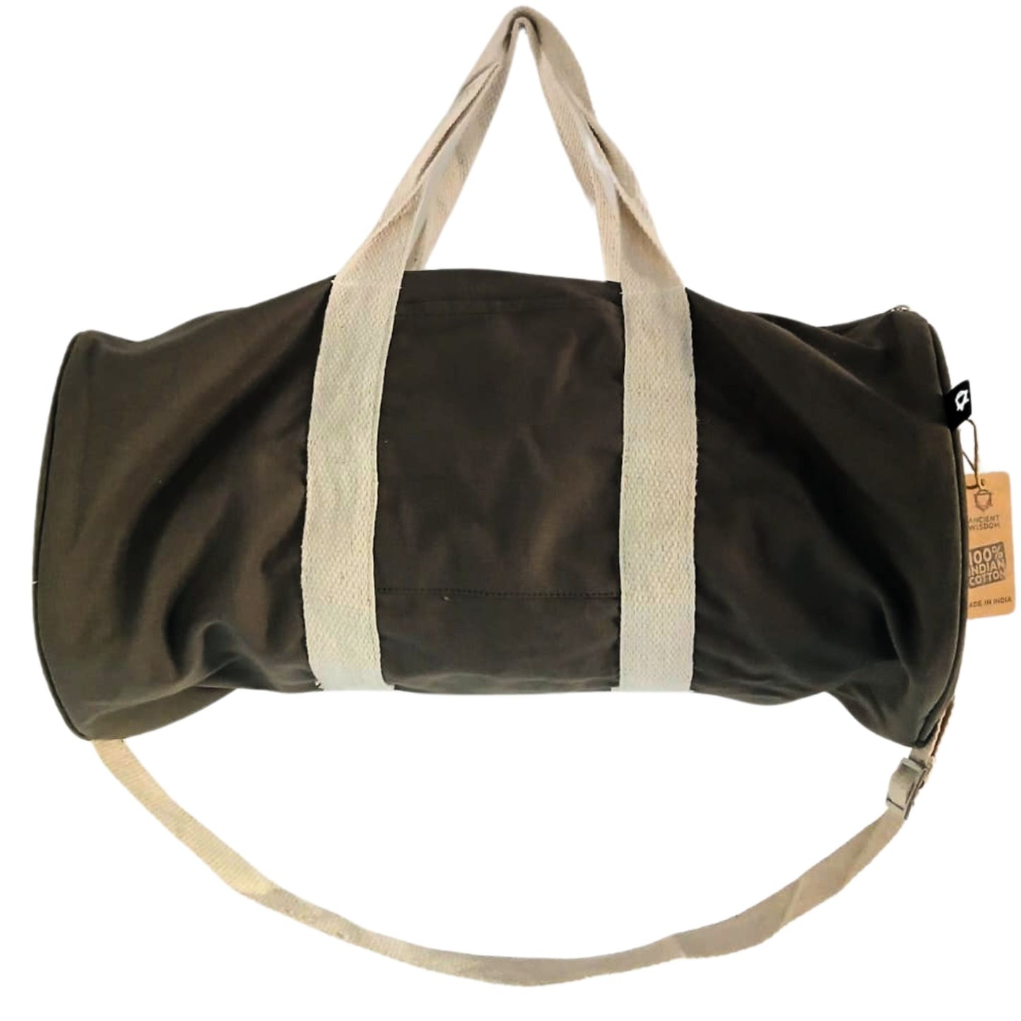 Durable olive green canvas gym bag with the motivational phrase Don't Quit printed on the side.