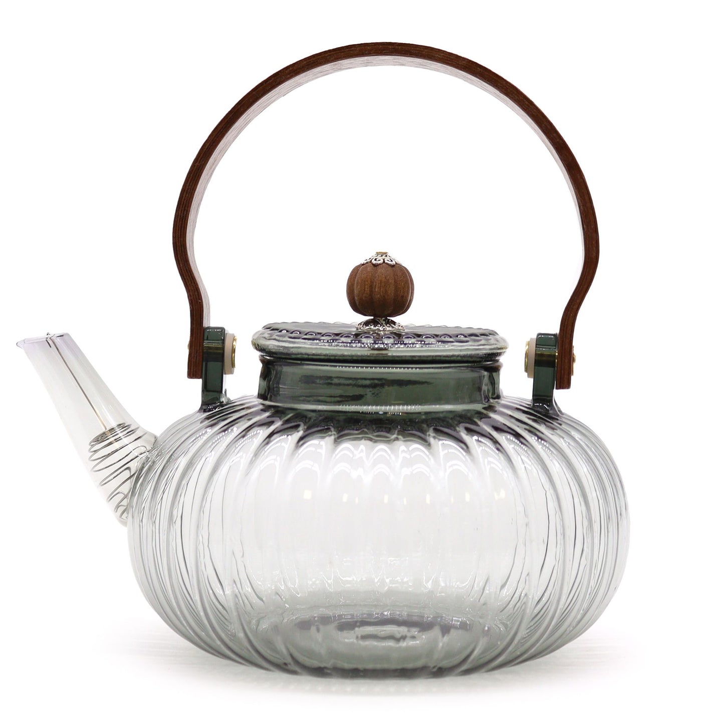 Elegant 950ml charcoal grey glass teapot with a ribbed pearl texture and a clear glass internal tea infuser.