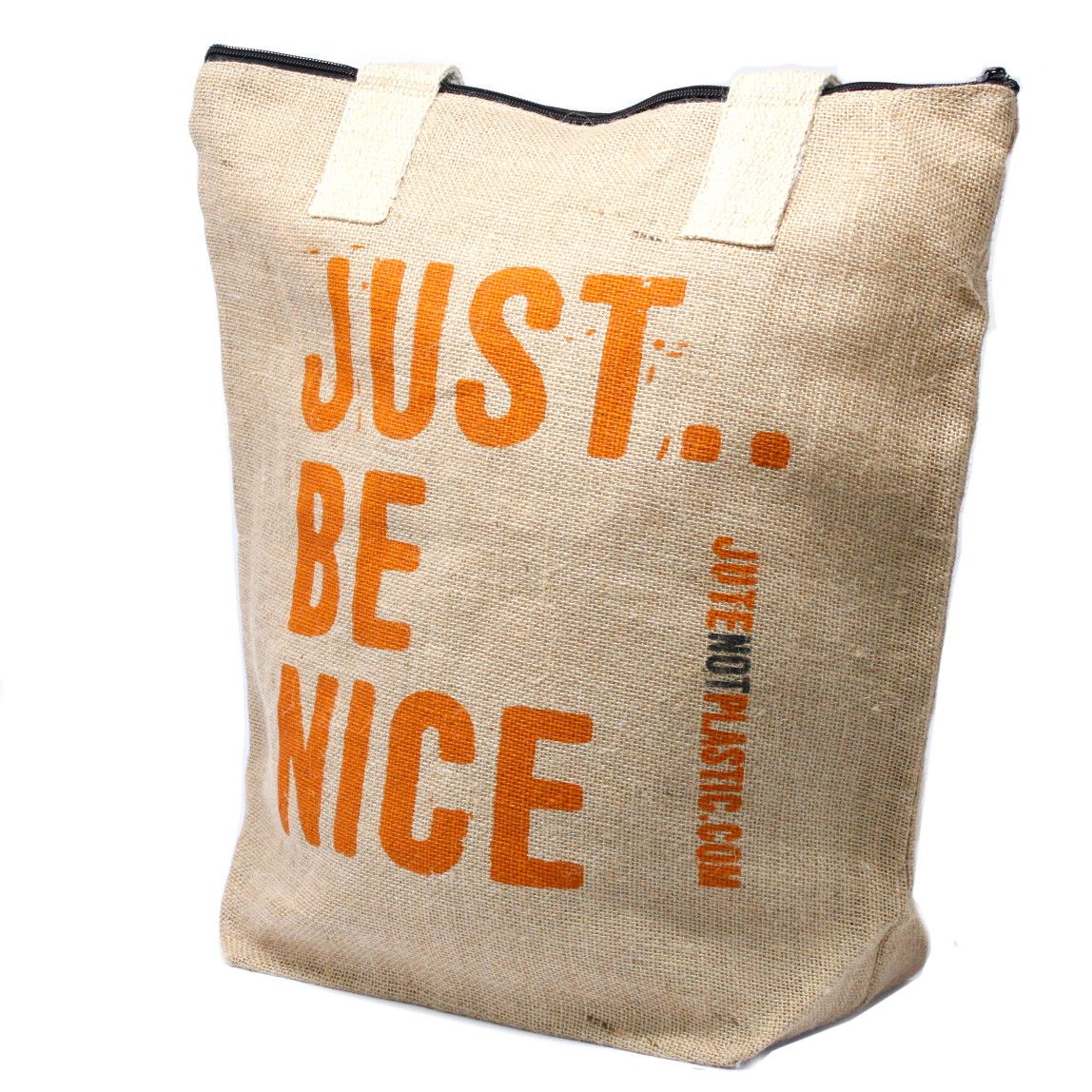 Large eco-friendly jute shopping bag with soft cotton handles and a minimalist design featuring text.