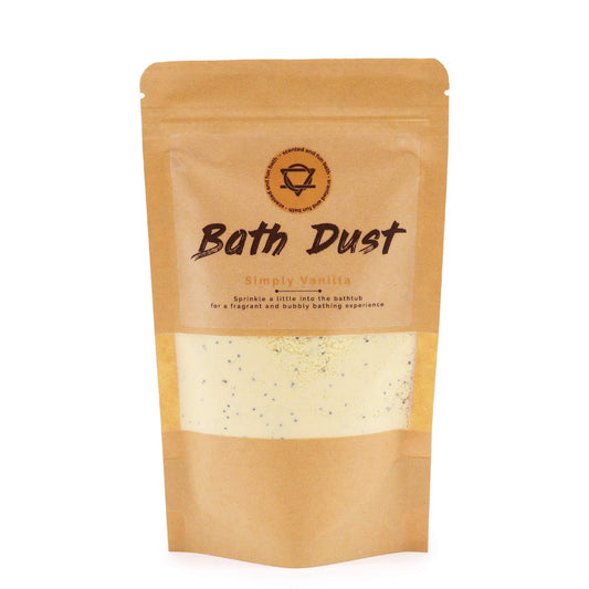 Close-up of fine white vanilla-scented bath dust in a simple clear pouch.