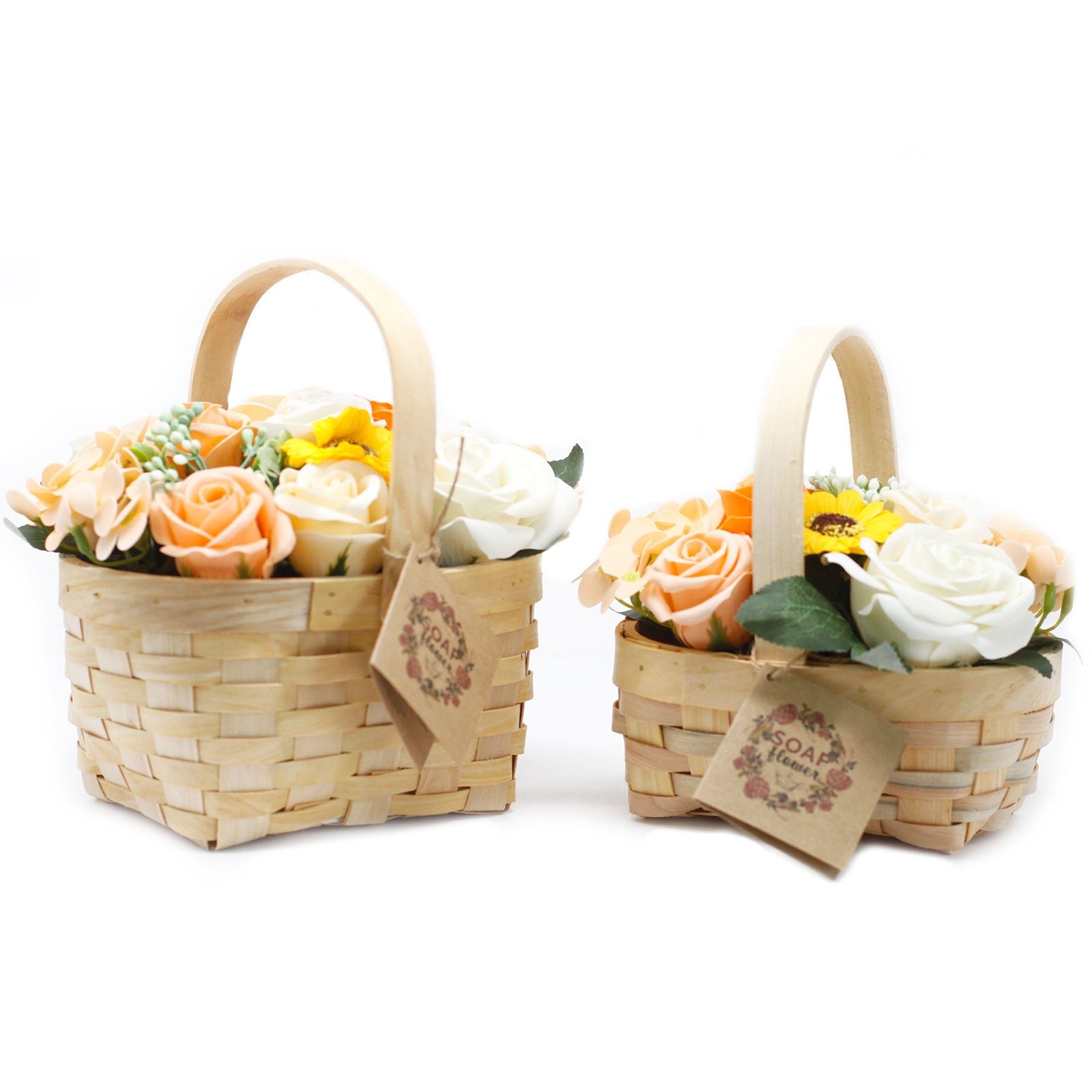 Realistic orange soap flower bouquet arranged in a rustic wicker basket with green foliage accents.