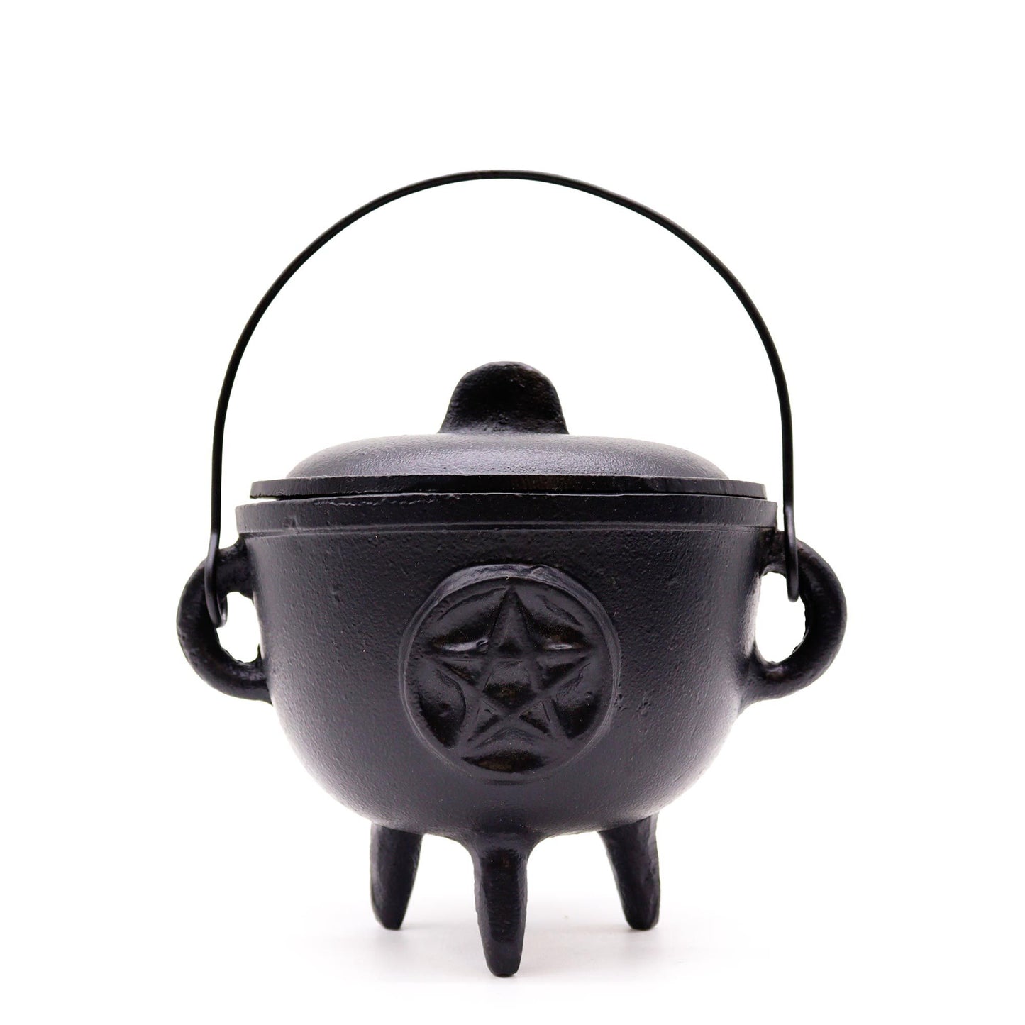 Large heavy-duty black cast iron ritual cauldron with three legs and a detailed embossed pentagram on the side.