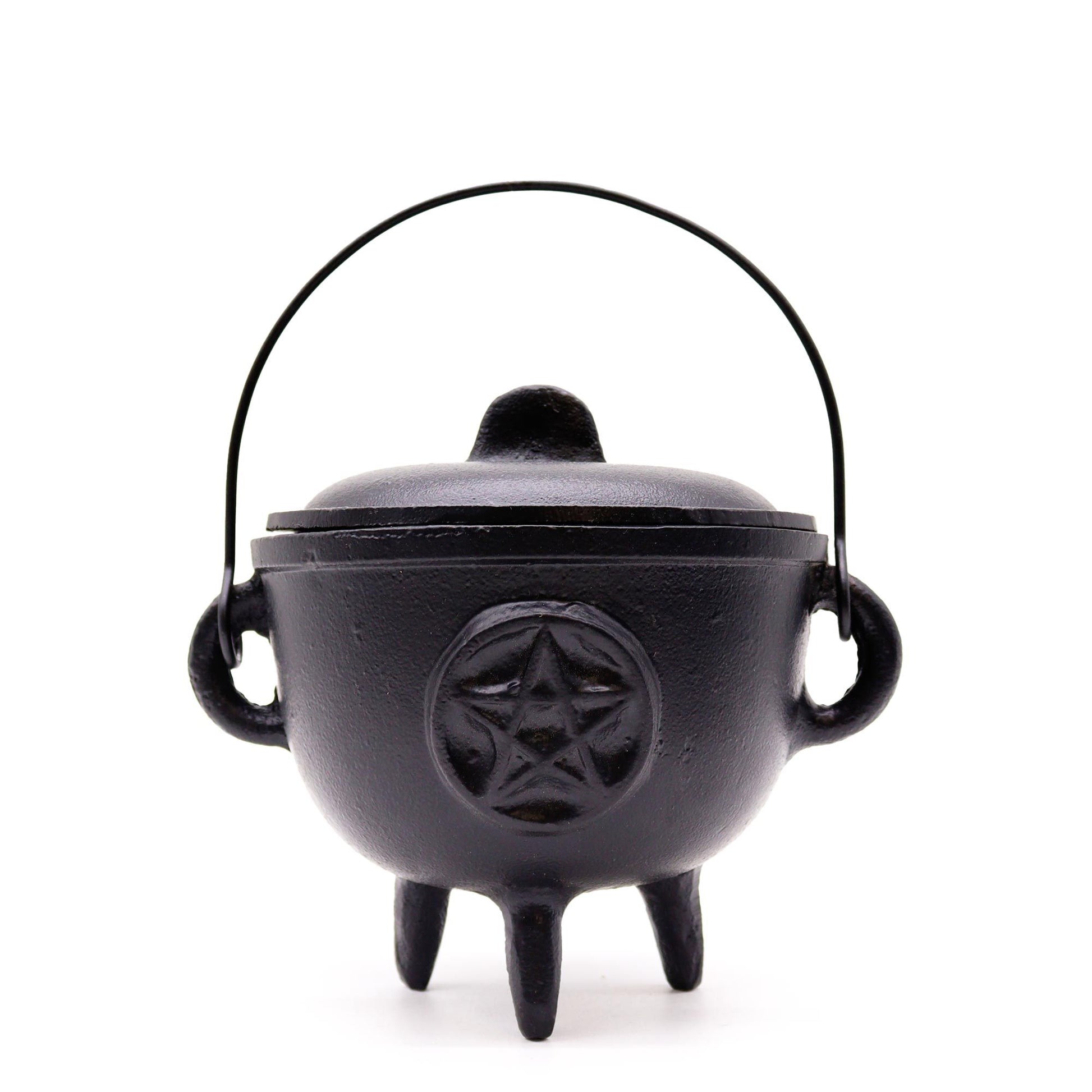 Large heavy-duty black cast iron ritual cauldron with three legs and a detailed embossed pentagram on the side.