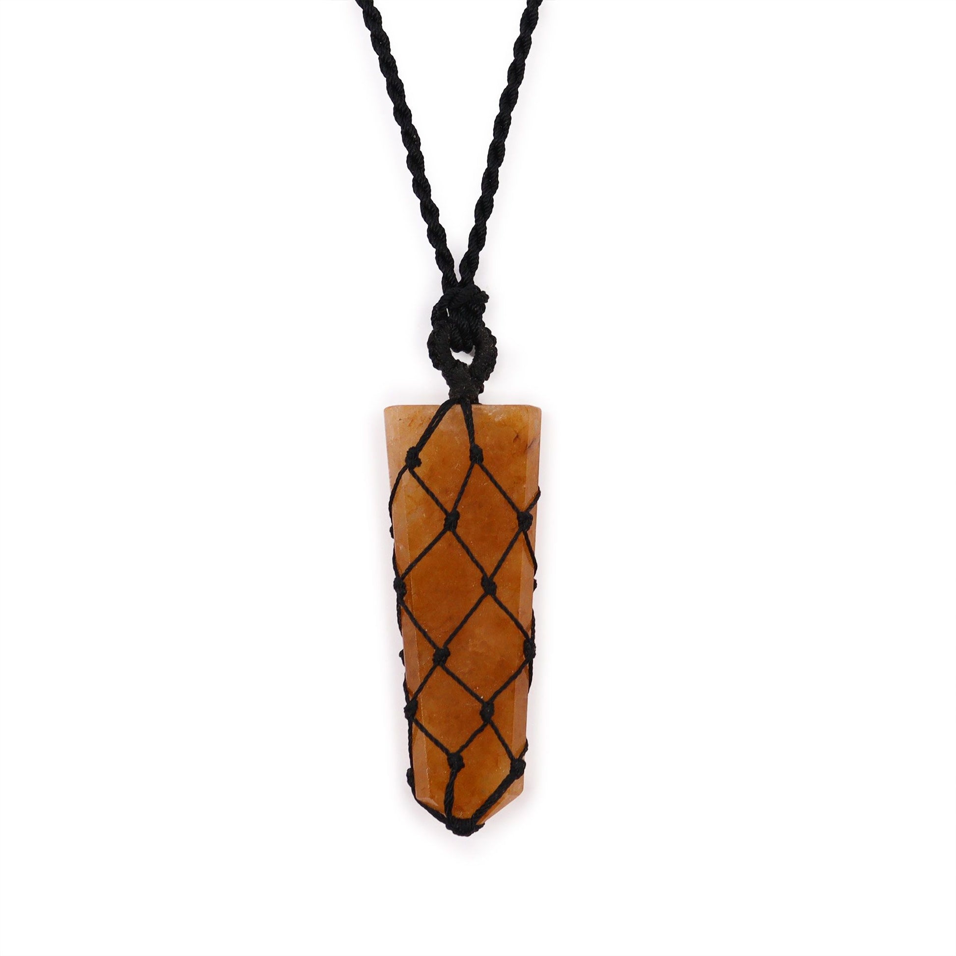 Sleek flat point pendant made of translucent golden quartz gemstone with a decorative laced wire wrap at the top.