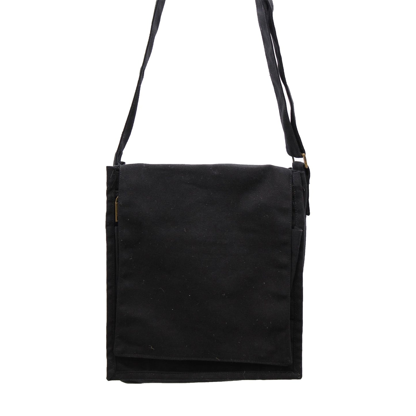 Front view of a minimalist black cotton canvas messenger bag with a long shoulder strap.