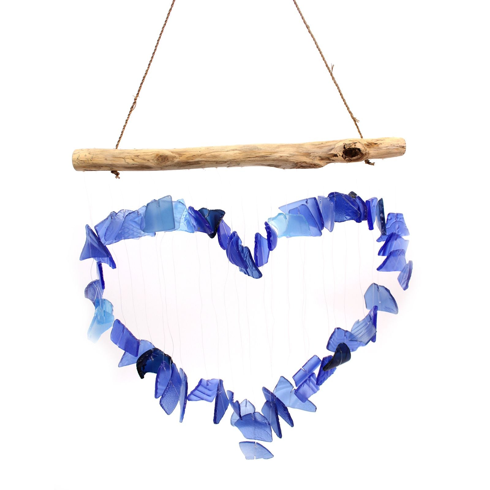 Beautiful blue heart-shaped recycled glass wind chime hanging with delicate strings and beads.