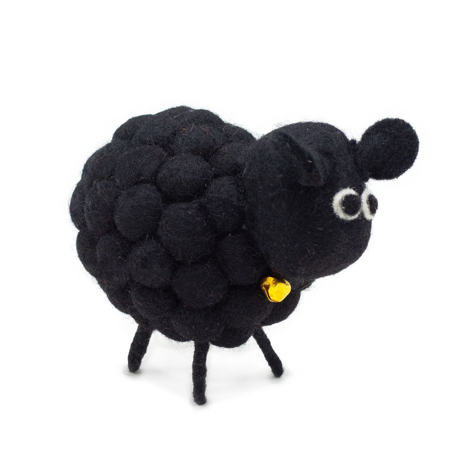 Charming handmade black felt sheep with a textured woolly design and a small golden bell around its neck.