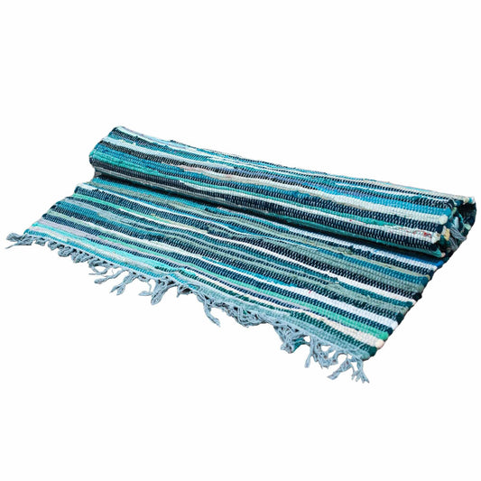 Large rectangular handcrafted rag rug in a tranquil palette of aqua blue and turquoise shades.