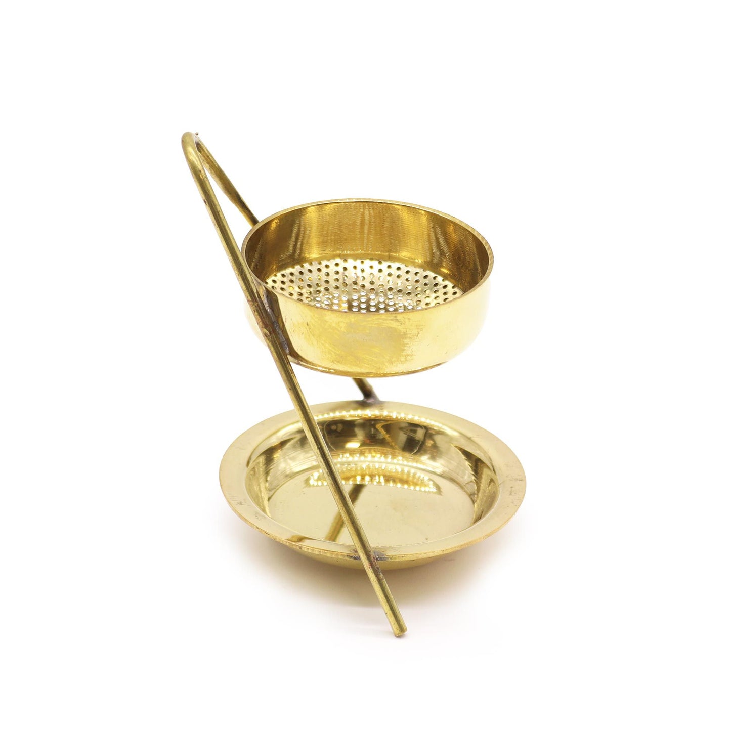 Elegant polished brass incense warmer with a fixed pillar stand and a removable metal mesh tray for burning resin.