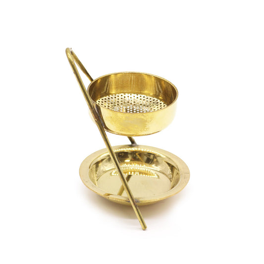 Elegant polished brass incense warmer with a fixed pillar stand and a removable metal mesh tray for burning resin.