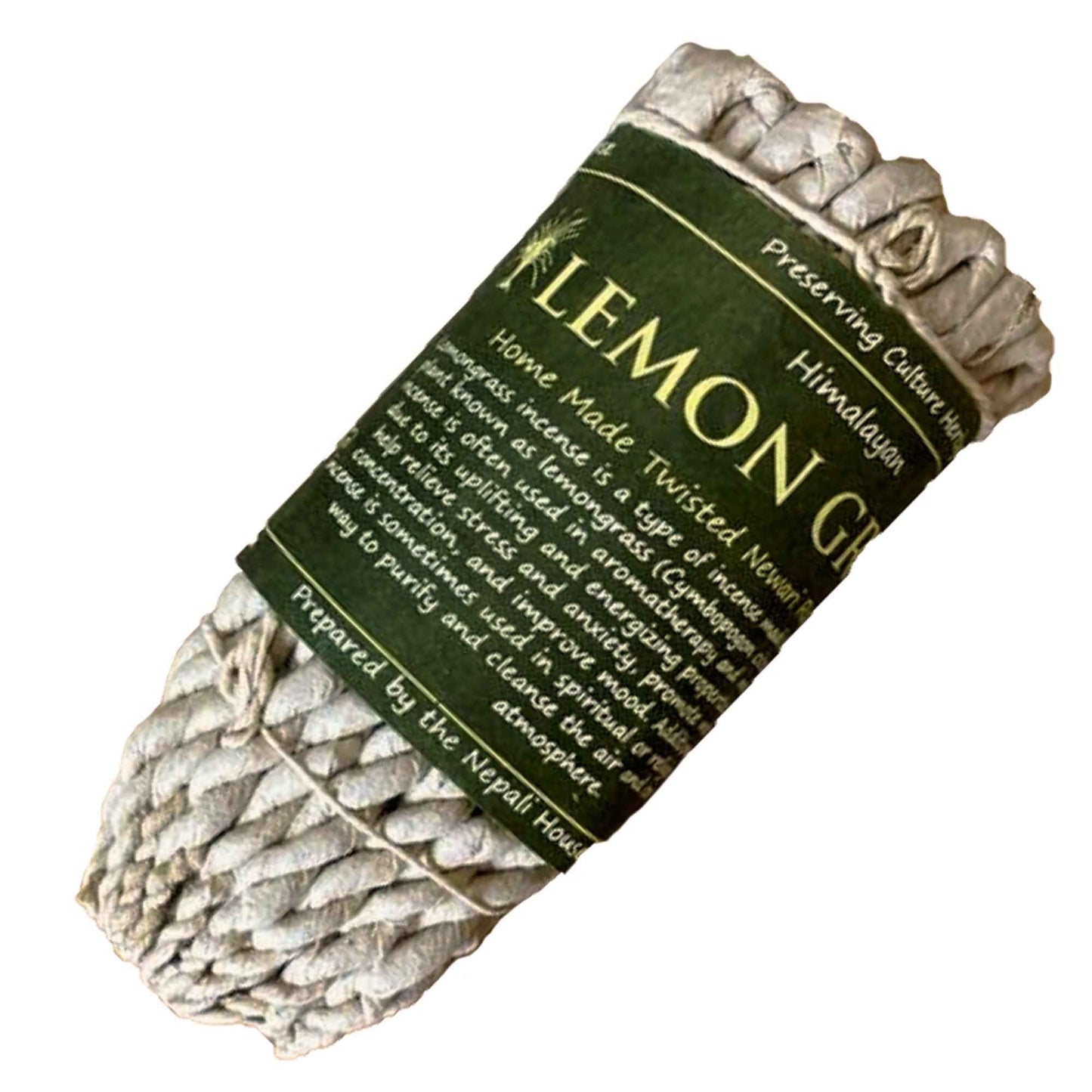 Hand-rolled herbal rope incense bundle with a natural textured finish and aromatic lemongrass botanical properties.