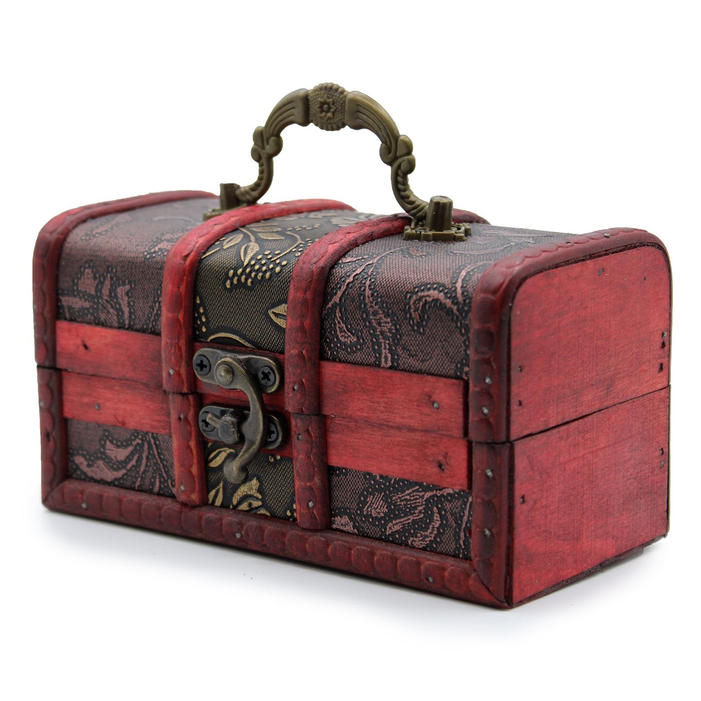 Large vintage-style wooden box with gold panels, brass fittings, and an aged antique finish.