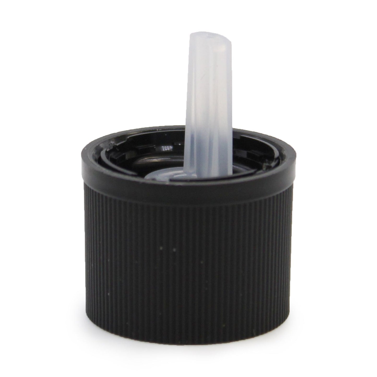 Black child-resistant and tamper-evident plastic bottle closure with integrated dropper insert.