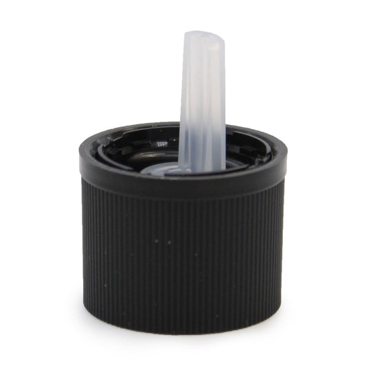 Black child-resistant and tamper-evident plastic bottle closure with integrated dropper insert.