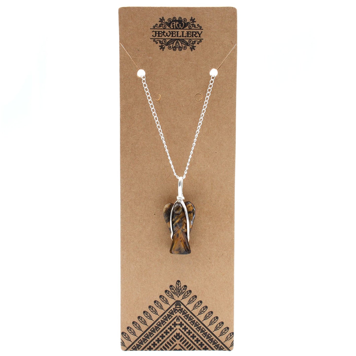 Detailed hand-carved Tiger Eye gemstone guardian angel pendant with golden brown chatoyant bands and a silver-tone bale.