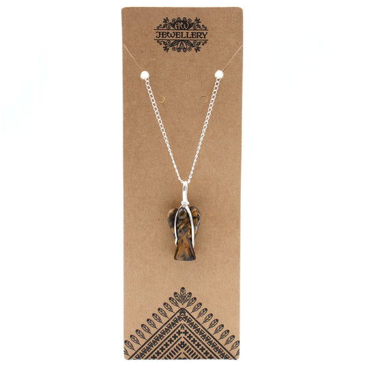 Detailed hand-carved Tiger Eye gemstone guardian angel pendant with golden brown chatoyant bands and a silver-tone bale.