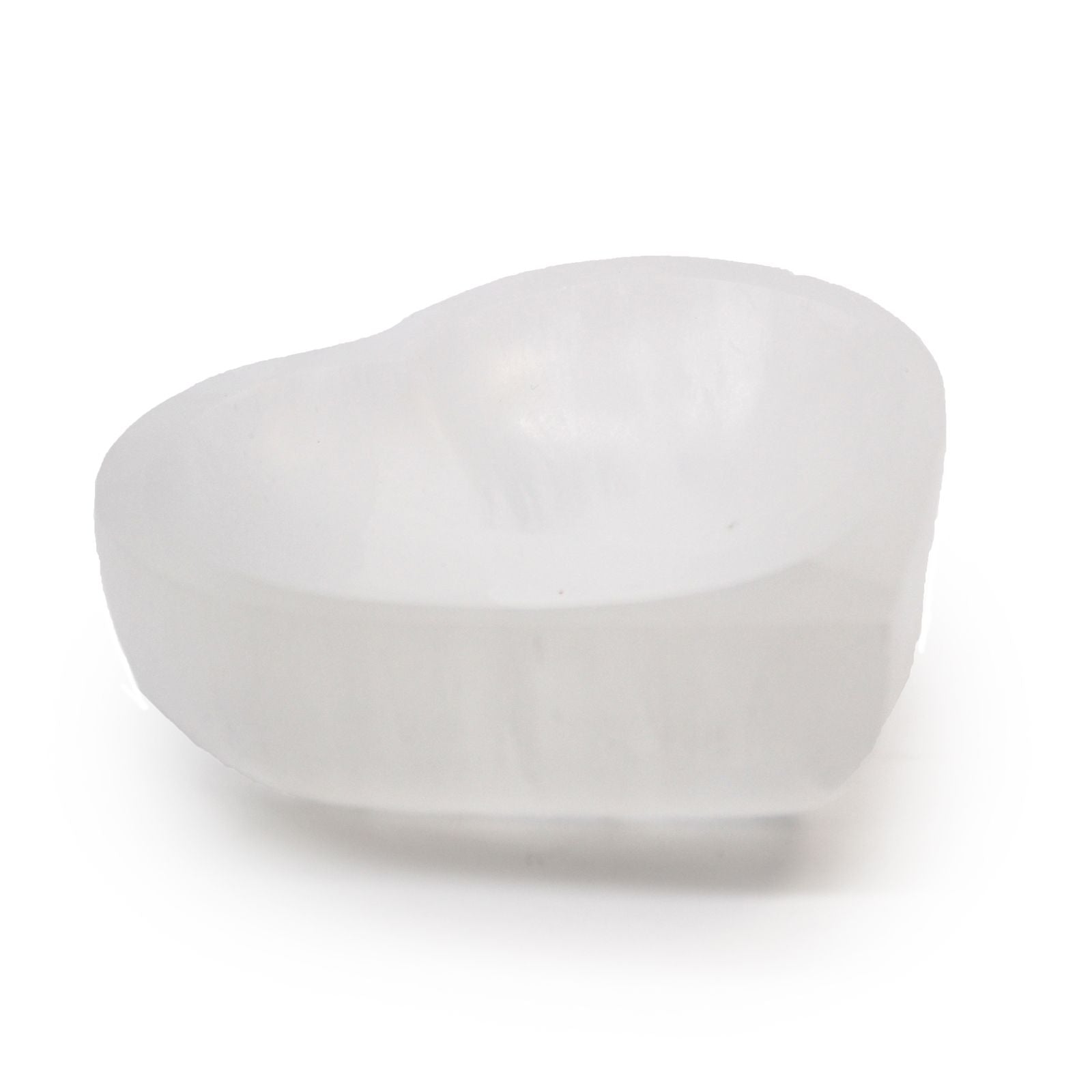 White translucent heart-shaped selenite bowl with a smooth polished finish and natural crystalline texture.