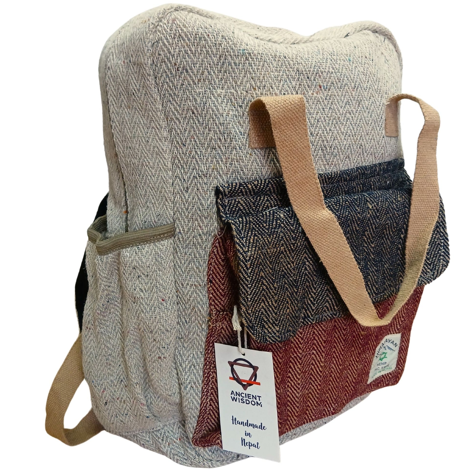 Eco-friendly natural hemp adventure backpack with multiple compartments and adjustable straps.