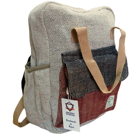 Eco-friendly natural hemp adventure backpack with multiple compartments and adjustable straps.
