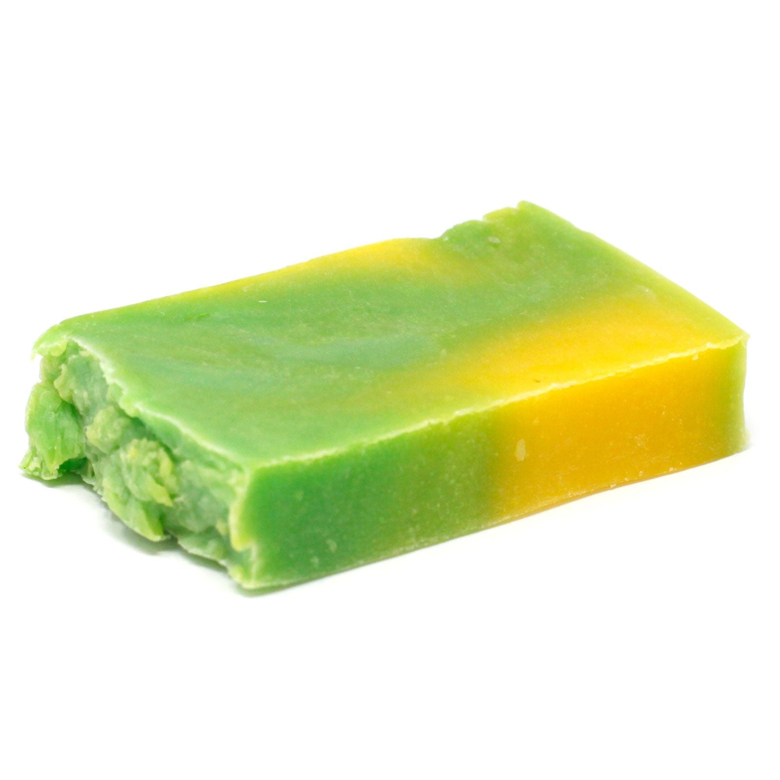 Handcrafted olive oil soap slice infused with jojoba oil showing a natural textured surface.