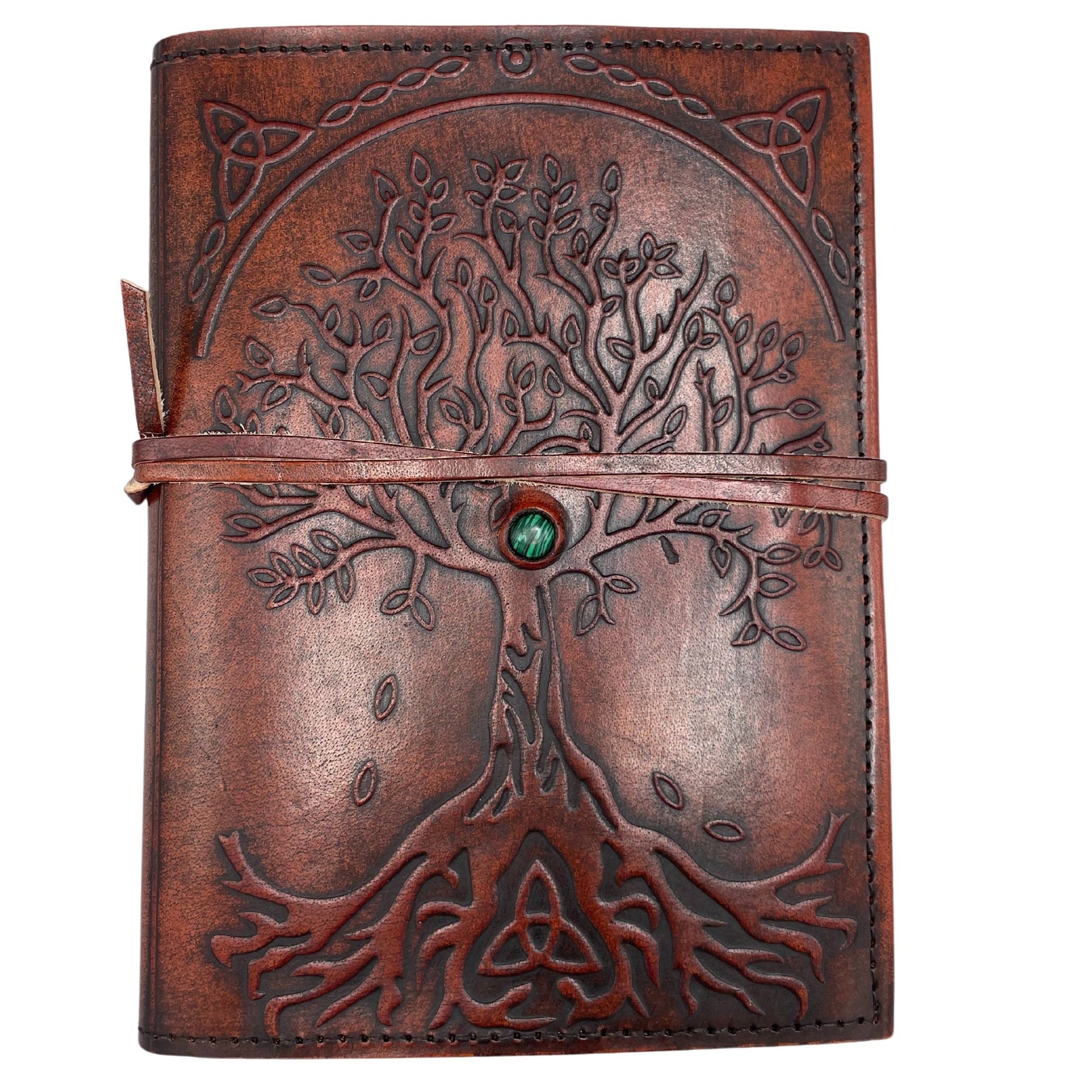 Vintage style brown leather journal with embossed Tree of Life design, green stone accent, and leather wrap-around tie.