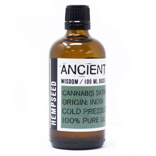 Clear bottle of nutrient-rich hempseed carrier oil for skincare and aromatherapy applications.
