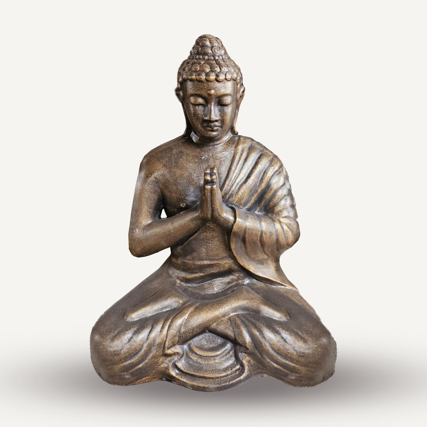Large antique gold Buddha statue in a praying pose, standing 1.2 metres tall with intricate traditional detailing.