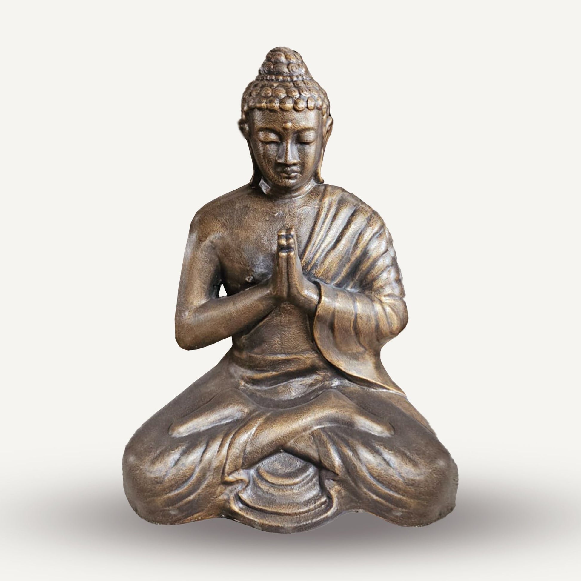 Large antique gold Buddha statue in a praying pose, standing 1.2 metres tall with intricate traditional detailing.