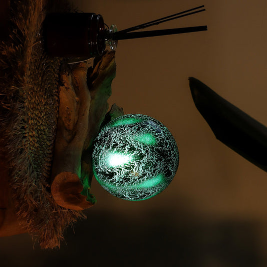Atmospheric table lamp with a dark emerald crackle glass sphere resting on a natural Indonesian driftwood base.