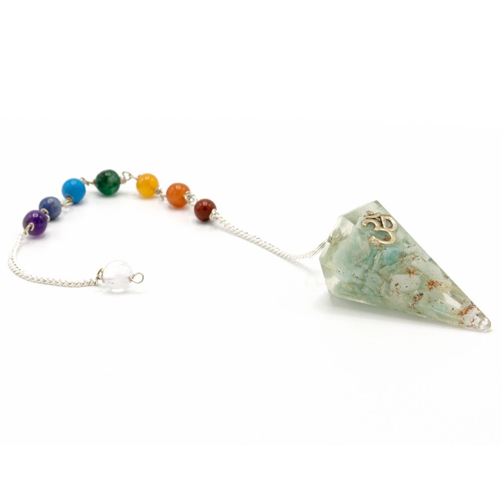 Handcrafted orgonite cone pendulum with colourful chakra stones and a silver Om symbol on a metal chain.