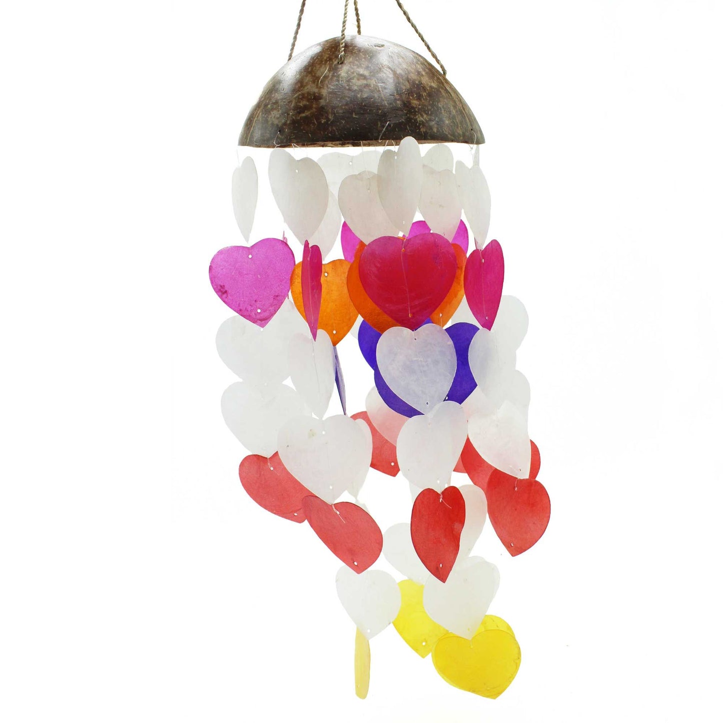 Handcrafted driftwood windchime featuring large white heart-shaped capiz shells and a natural coconut top.