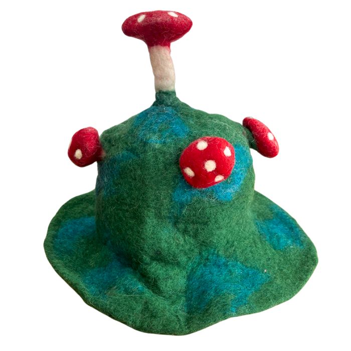 Handcrafted felted mushroom hat in a deep mossy mountain green with a classic whimsical fungal shape.