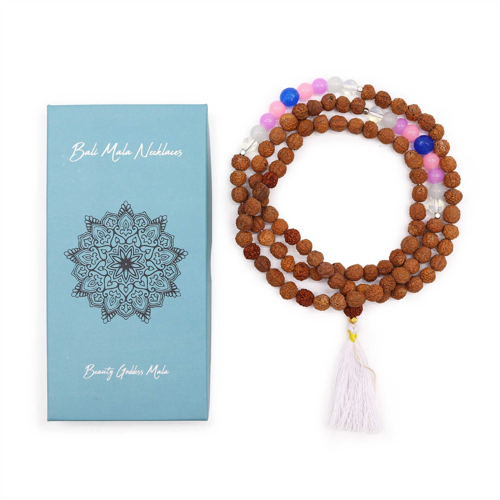 Elegant handcrafted Bali mala necklace featuring traditional beads and a decorative tassel for spiritual practice.