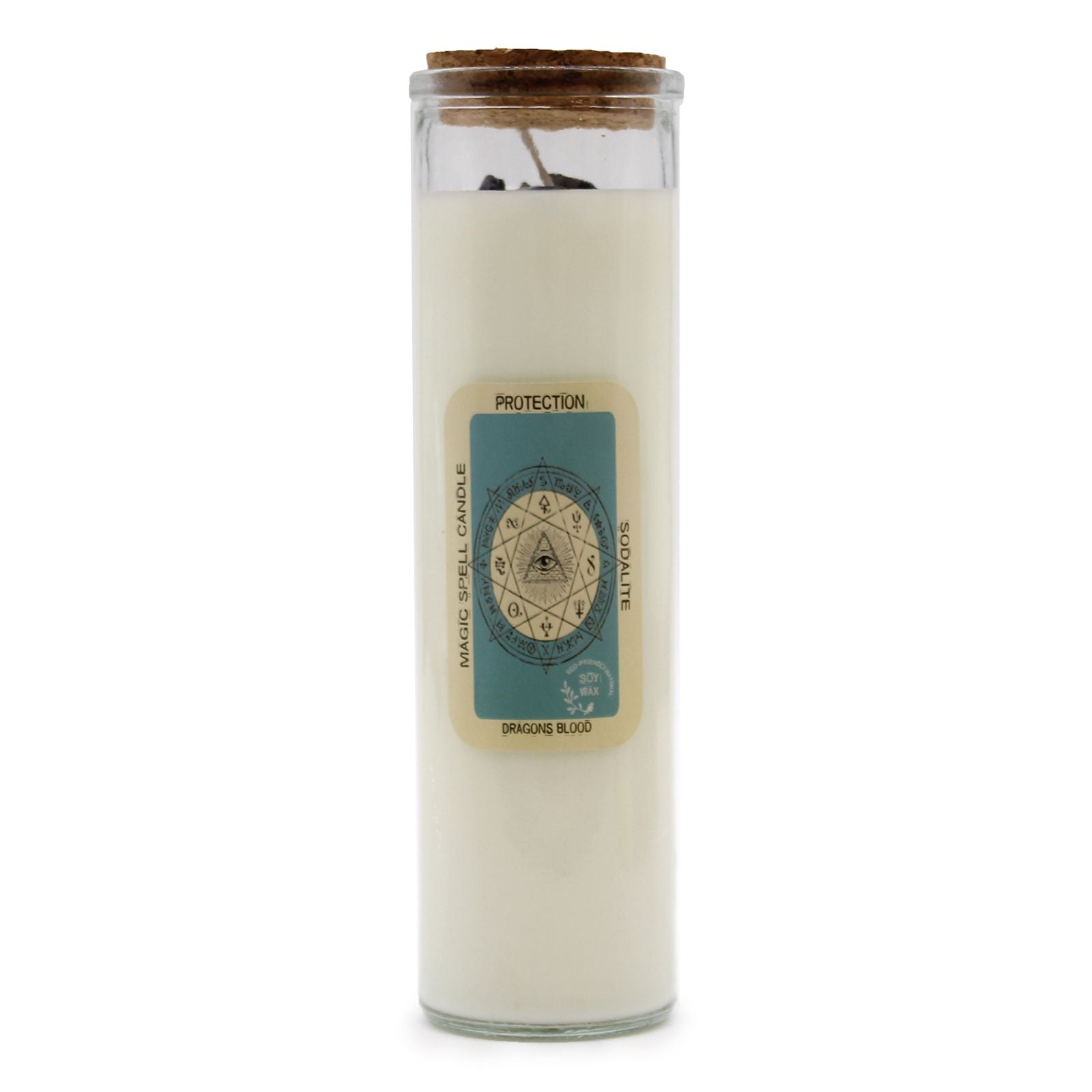 Blue soy wax spell candle topped with sodalite gemstones and dried botanicals in a glass jar.