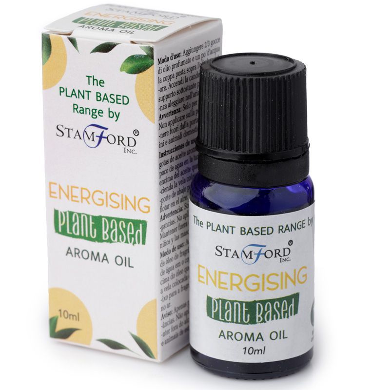 Small brown glass bottle of plant-based aroma oil with an energising label and black dropper cap.