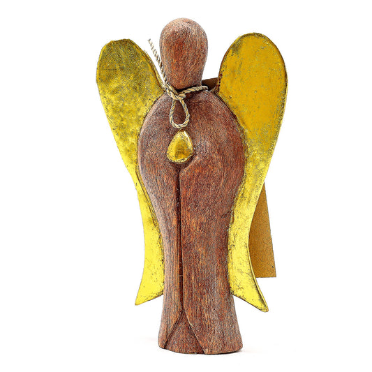 A hand-carved wooden guardian angel figurine with wings and a serene expression, standing 15cm tall.