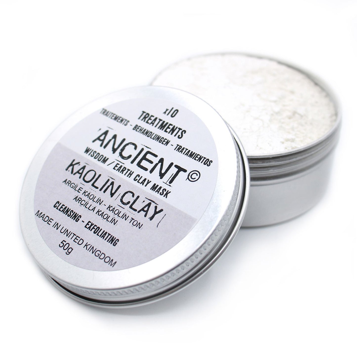 Fine white kaolin clay powder in a transparent 50g pouch for natural skincare face masks.