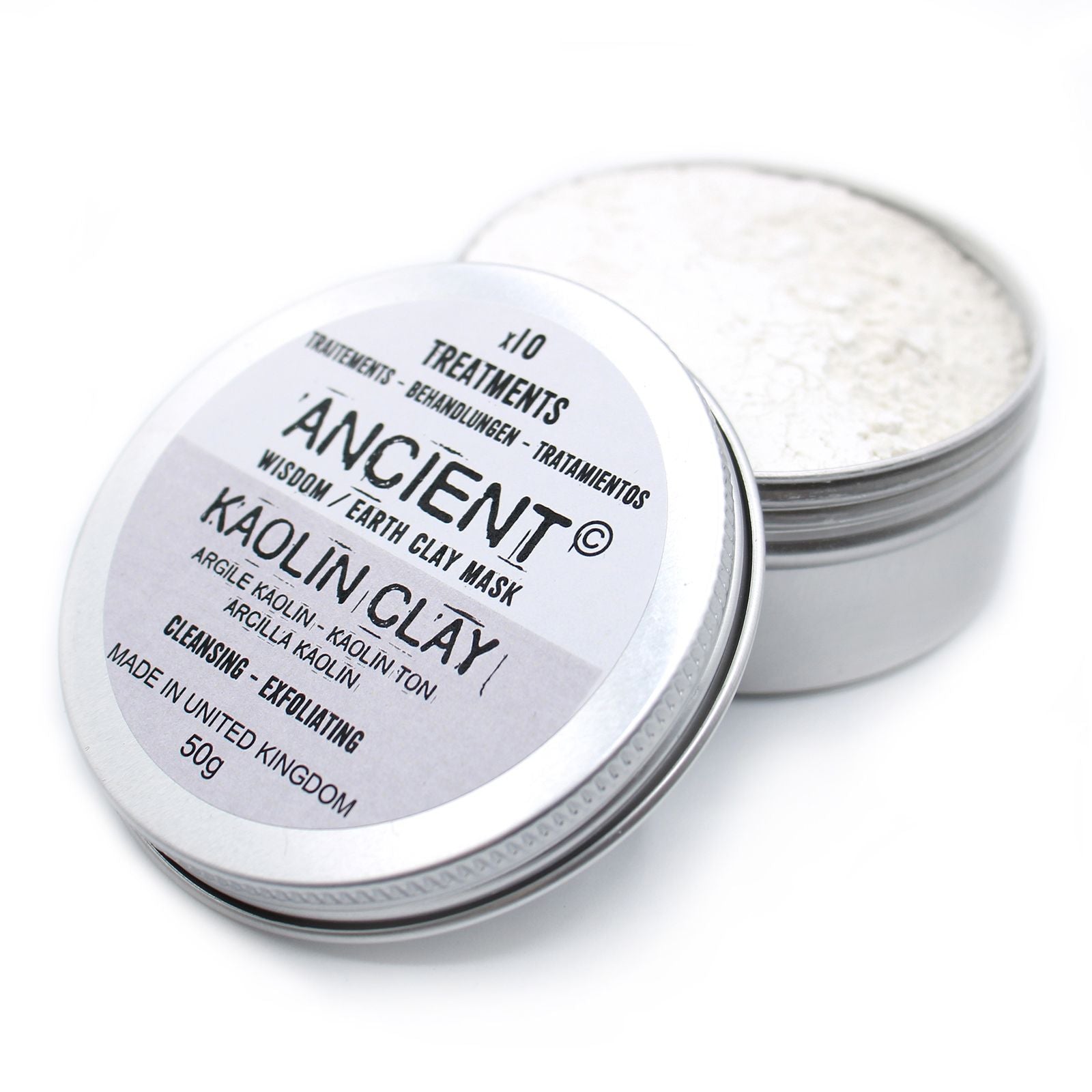Fine white kaolin clay powder in a transparent 50g pouch for natural skincare face masks.