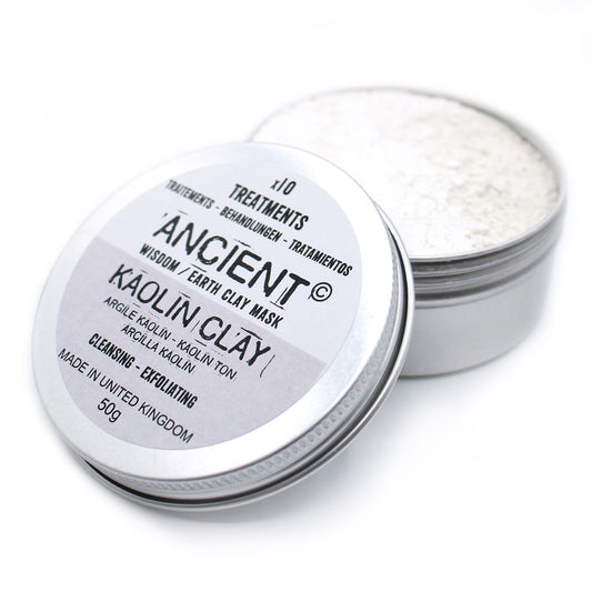 Fine white kaolin clay powder in a transparent 50g pouch for natural skincare face masks.