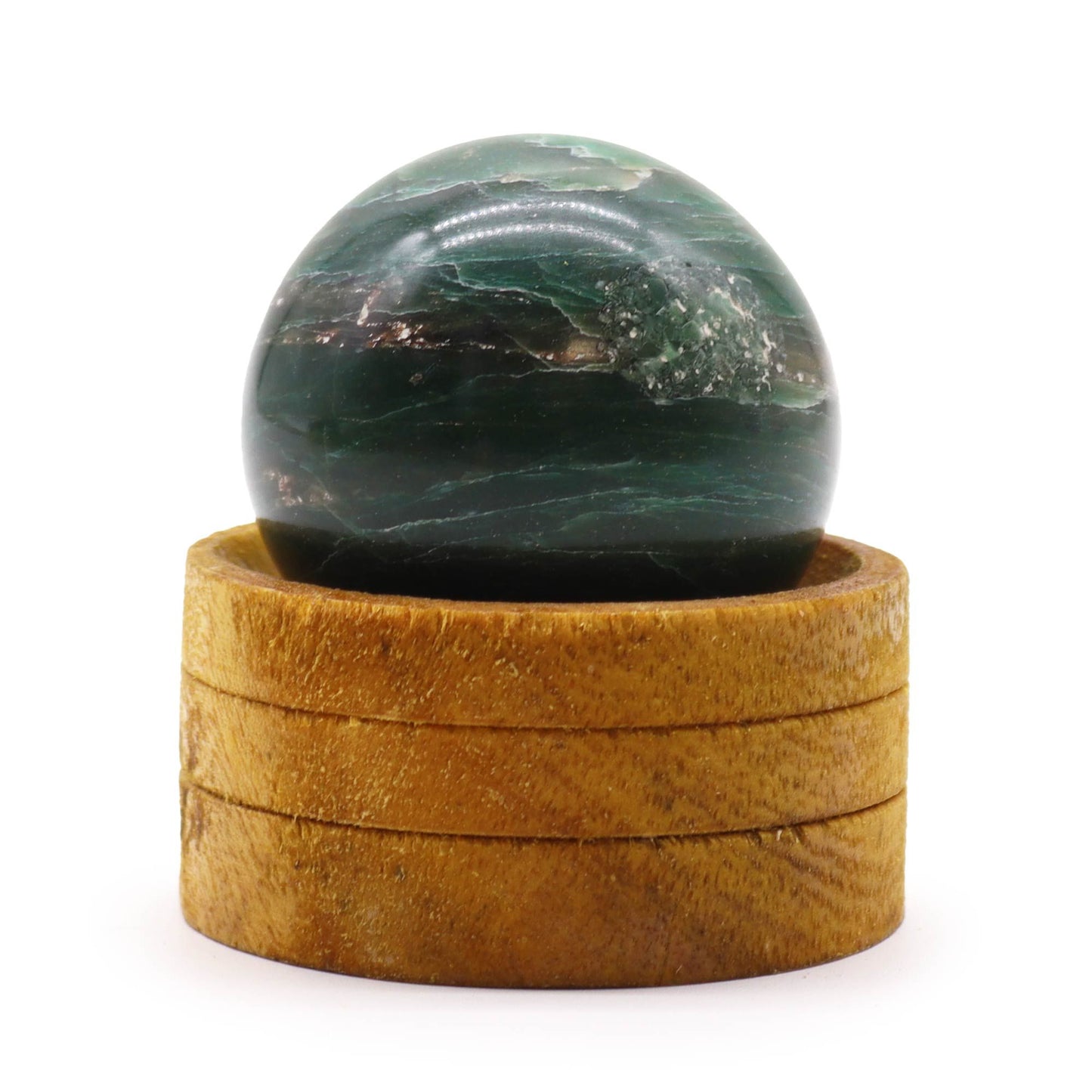 Smooth green Indian Jade gemstone sphere resting on a simple wooden display stand.