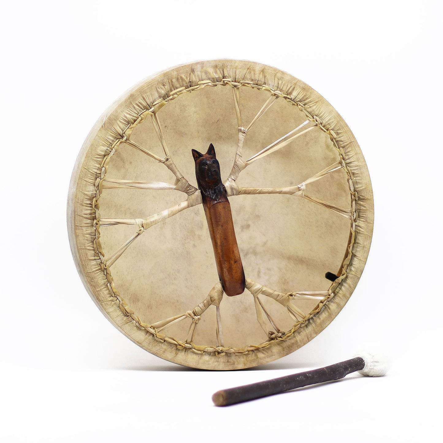 Hand-crafted 40cm round shamanic drum made from acacia wood and goatskin with a hand-carved wolf head handle on the reverse.