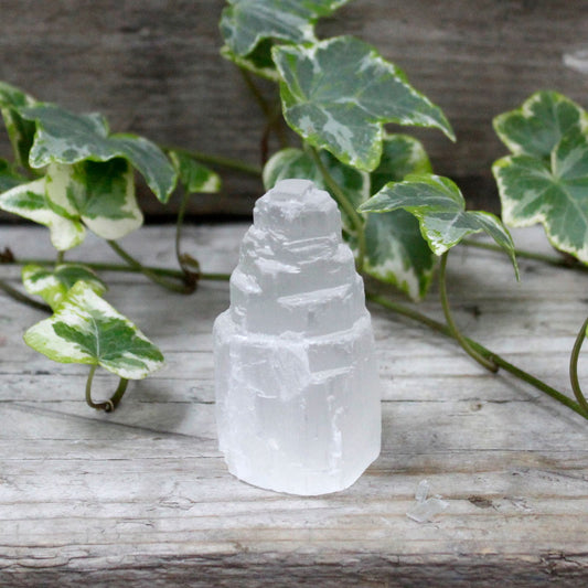 A small, translucent white natural selenite crystal tower with a textured, pillar-like shape.