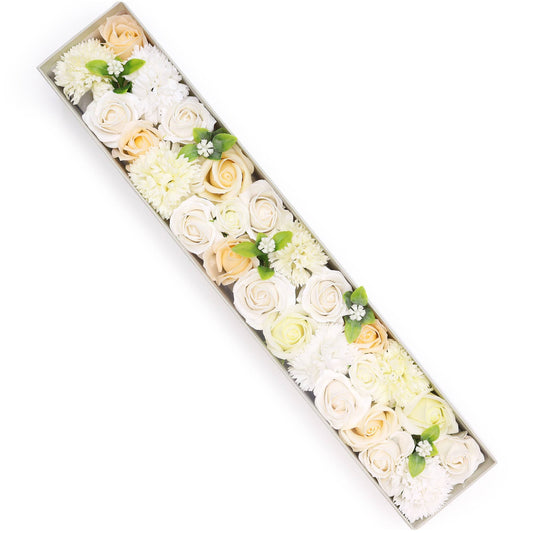 Elegant extra long gift box filled with realistic white and ivory soap flower roses and carnations.