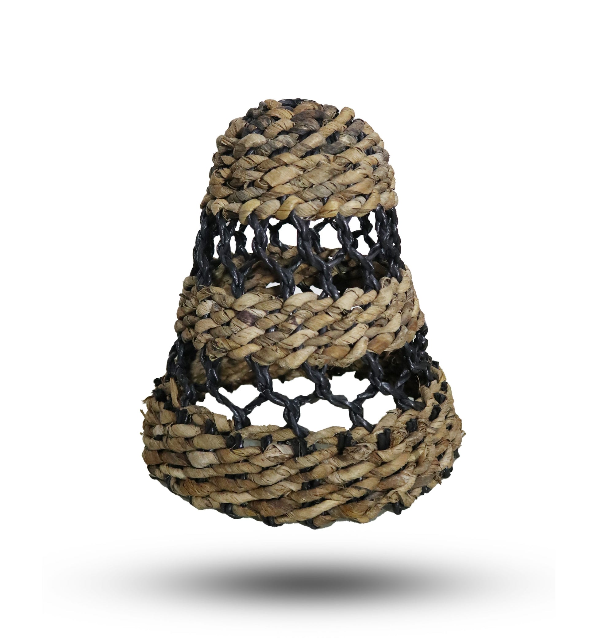 Set of three handcrafted lamp shades made from natural banana leaf and black hitam raffia in varying sizes.