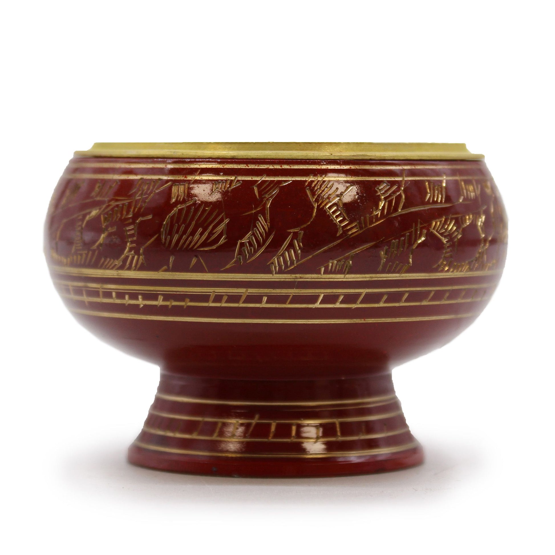 Handmade burgundy charcoal incense jar with elegant golden patterns and a tall base for ritual purification.