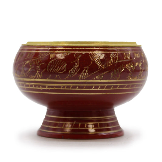 Handmade burgundy charcoal incense jar with elegant golden patterns and a tall base for ritual purification.