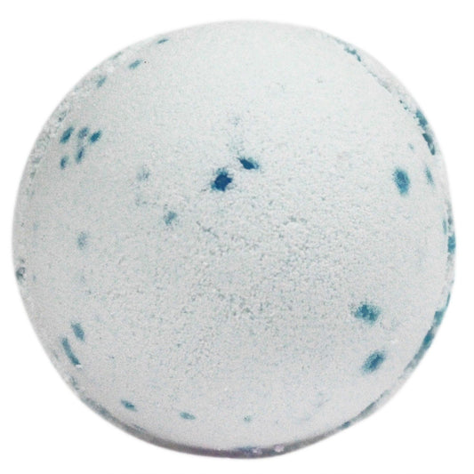 Large blue and white marbled jumbo bath bomb with a textured surface containing real sea salt granules.