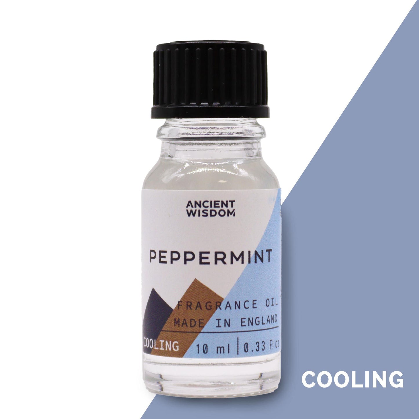 Small amber glass bottle of peppermint fragrance oil with a black dropper cap on a white background.