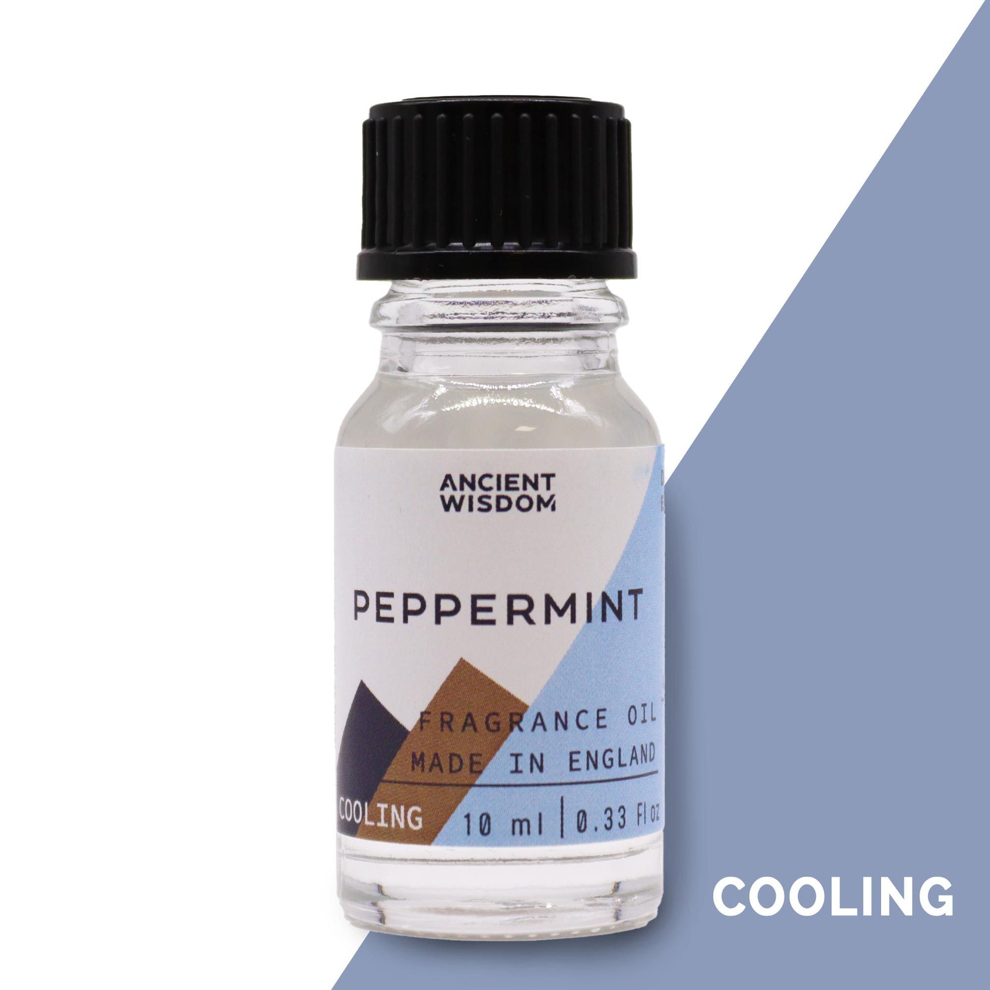 Small amber glass bottle of peppermint fragrance oil with a black dropper cap on a white background.