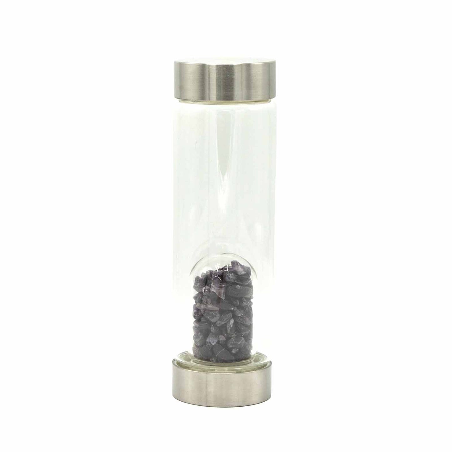 Sleek glass water bottle with a separate compartment at the base filled with purple amethyst crystal chips.